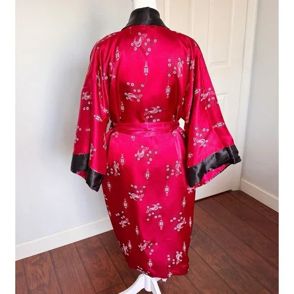 VTG Embroidered Dragon Reversible Satin Kimono Robe Asian Print Smoking Jacket S - Picture 8 of 16